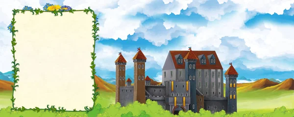 Cartoon nature scene with beautiful castle near the forest with frame for text - title page - illustration for the children — Stock Photo, Image