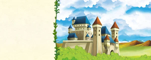 Tegneserie naturscene med vakkert slott nær skogen med ramme for tekst tittelside illustrasjon for barna – stockfoto