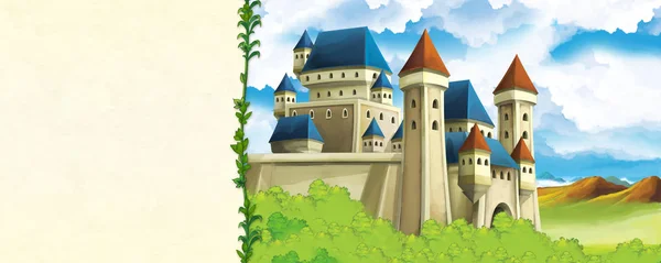 森林附近有美丽城堡的卡通自然场景,附有文字标题页的框架.儿童图解 — 图库照片