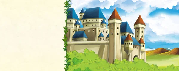 Мультфильм о природе с красивым замком рядом с лесом с рамкой для текста - титульная страница - иллюстрация для детей — стоковое фото
