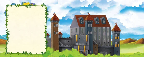 Cartoon nature scene with beautiful castle near the forest with frame for text - title page - illustration for the children — Stock Photo, Image