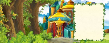 Ormanın yakınındaki dağ vadisinde çizgi film sahnesi ve çocuklar için resimli resim çerçeveli şato.