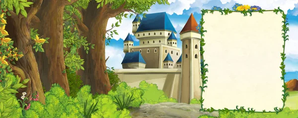 Cartoon-Szene mit Gebirgstal in Waldnähe und Burg mit Rahmen für Textillustration für Kinder — Stockfoto