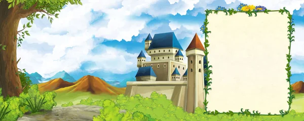 Cartoon scene with mountains valley near the forest and castle with frame for text illustration for children — Stock Photo, Image