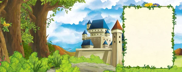 森林和城堡附近有高山山谷的卡通片，附有儿童文字图解 — 图库照片