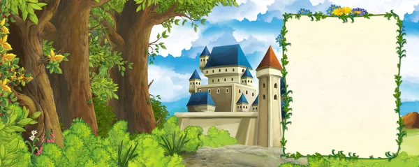 Cartoon scene with mountains valley near the forest and castle with frame for text illustration for children — Stock Photo, Image