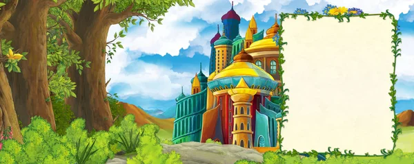 Cartoon scene with mountains valley near the forest and castle with frame for text illustration for children — Stock Photo, Image