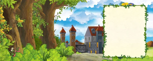 Мультяшная сцена с горной долиной возле леса и замком с рамкой для текстовой иллюстрации для детей — стоковое фото