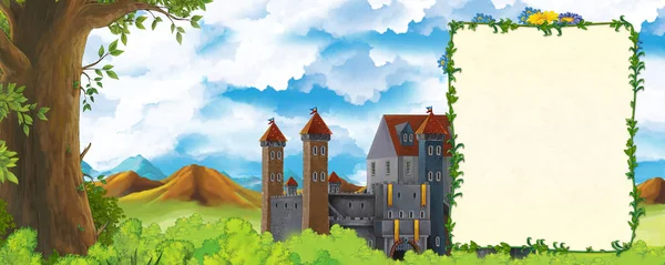 Scena cartone animato con montagne valle vicino alla foresta e castello con cornice per illustrazione di testo per bambini — Foto Stock