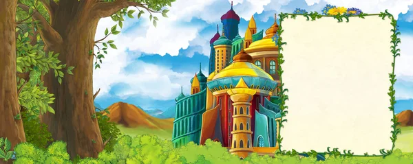 Escena de dibujos animados con el valle de las montañas cerca del bosque y el castillo con marco para la ilustración de texto para niños — Foto de Stock