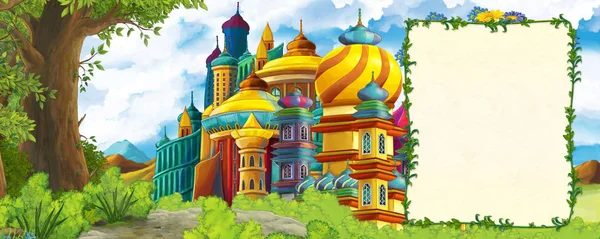 Cartoon scene with mountains valley near the forest and castle with frame for text illustration for children — Stock Photo, Image