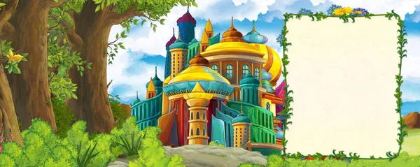 Cartoon scene met bergen vallei in de buurt van het bos en kasteel met frame voor tekst illustratie voor kinderen — Stockfoto