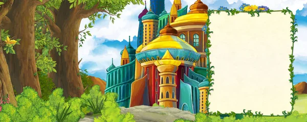 Cartoon scene with mountains valley near the forest and castle with frame for text illustration for children — Stock Photo, Image