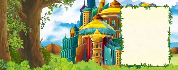 Cartoon scene with mountains valley near the forest and castle with frame for text illustration for children — Stock Photo, Image