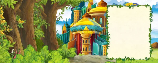 Scena cartone animato con montagne valle vicino alla foresta e castello con cornice per illustrazione di testo per bambini — Foto Stock