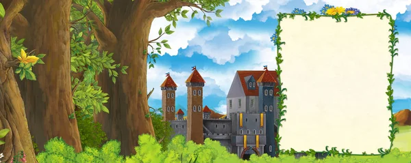 Tecknad scen med berg dal nära skog och slott med ram för text illustration för barn — Stockfoto