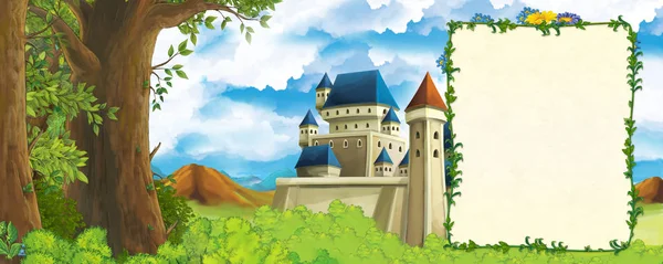 Cartoon-Szene mit Gebirgstal in Waldnähe und Burg mit Rahmen für Textillustration für Kinder — Stockfoto