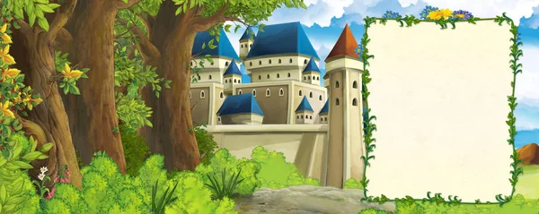 Cartoon-Szene mit Gebirgstal in Waldnähe und Burg mit Rahmen für Textillustration für Kinder — Stockfoto