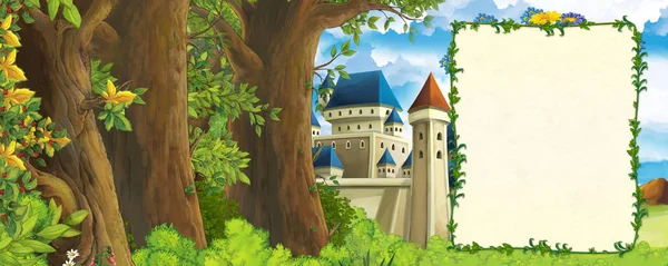 Scène de dessin animé avec vallée de montagnes près de la forêt et château avec cadre pour l'illustration de texte pour les enfants — Photo