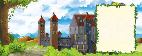 Cartoon-Szene mit Gebirgstal in Waldnähe und Burg mit Rahmen für Textillustration für Kinder — Stockfoto