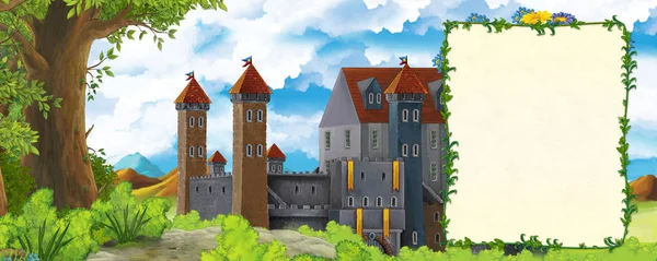 Cartoon-Szene mit Gebirgstal in Waldnähe und Burg mit Rahmen für Textillustration für Kinder — Stockfoto