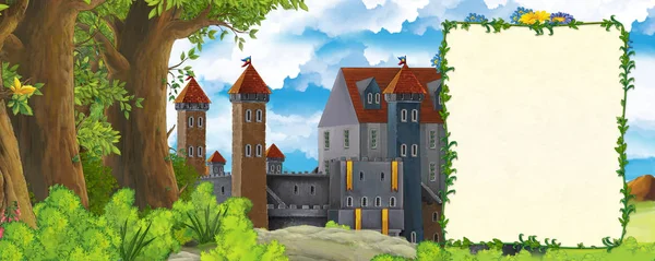 Cartoon scene with mountains valley near the forest and castle with frame for text illustration for children — Stock Photo, Image