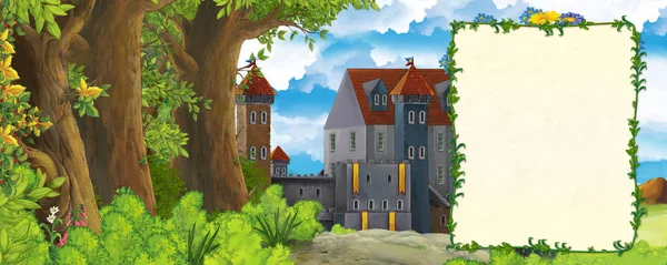 Kreslená scéna s horským údolím v blízkosti lesa a zámku s rámečkem pro textovou ilustraci pro děti — Stock fotografie