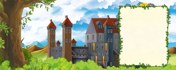 Escena de dibujos animados con el valle de las montañas cerca del bosque y el castillo con marco para la ilustración de texto para niños —  Fotos de Stock