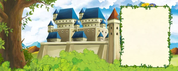 Scena cartone animato con montagne valle vicino alla foresta e castello con cornice per illustrazione di testo per bambini — Foto Stock