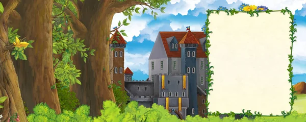 Cartoon-Szene mit Gebirgstal in Waldnähe und Burg mit Rahmen für Textillustration für Kinder — Stockfoto