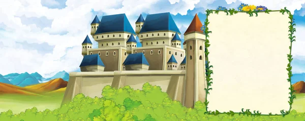 Cartoon-Szene mit Gebirgstal in Waldnähe und Burg mit Rahmen für Textillustration für Kinder — Stockfoto