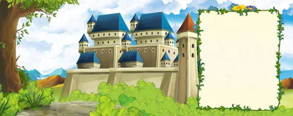 Cartoon-Szene mit Gebirgstal in Waldnähe und Burg mit Rahmen für Textillustration für Kinder — Stockfoto