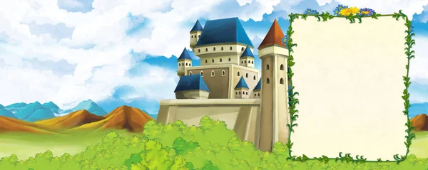 Scena cartone animato con montagne valle vicino alla foresta e castello con cornice per illustrazione di testo per bambini — Foto Stock