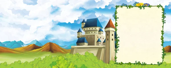 Cartoon-Szene mit Gebirgstal in Waldnähe und Burg mit Rahmen für Textillustration für Kinder — Stockfoto