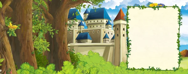 Cartoon-Szene mit Gebirgstal in Waldnähe und Burg mit Rahmen für Textillustration für Kinder — Stockfoto