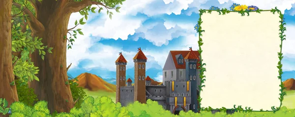 Cartoon scene with mountains valley near the forest and castle with frame for text illustration for children — Stock Photo, Image