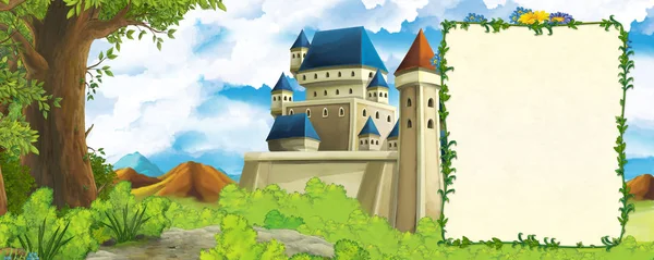 Cartoon scene with mountains valley near the forest and castle with frame for text illustration for children — Stock Photo, Image