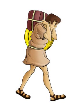 Beyaz arka planda Romalı ya da Yunan karakterli savaşçı ya da gladyatör çizgi film sahnesi - çocuklar için illüstrasyon