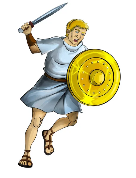 Rajzfilm jelenet római vagy görög ősi karakter harcos vagy gladiátor fehér háttér - illusztráció gyerekeknek — Stock Fotó