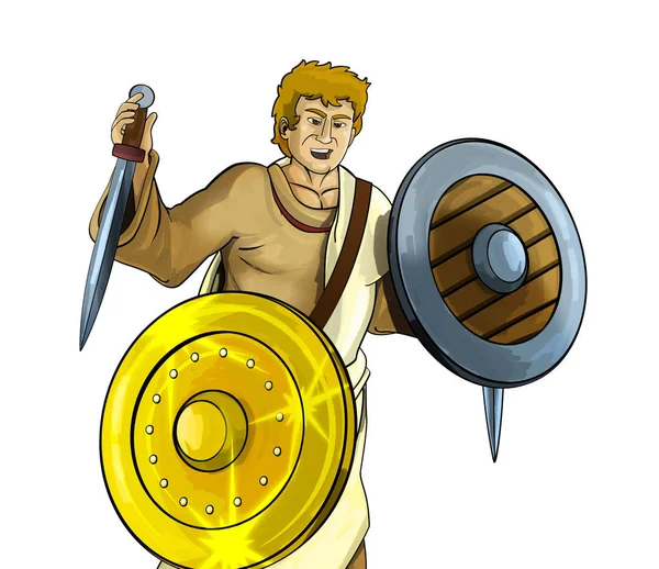रोमन या ग्रीक प्राचीन चरित्र योद्धा या सफेद पृष्ठभूमि पर ग्लेडिएटर के साथ कार्टून दृश्य बच्चों के लिए चित्रण — स्टॉक फ़ोटो, इमेज