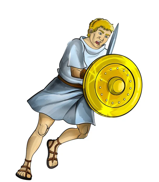 Rajzfilm jelenet római vagy görög ősi karakter harcos vagy gladiátor fehér háttér - illusztráció gyerekeknek — Stock Fotó