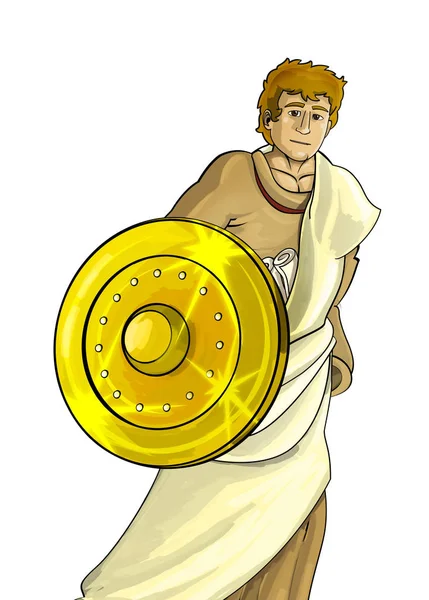 Escena de dibujos animados con romano o griego antiguo personaje guerrero o gladiador sobre fondo blanco - ilustración para niños — Foto de Stock