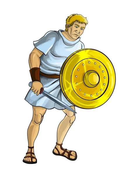 Escena de dibujos animados con romano o griego antiguo personaje guerrero o gladiador sobre fondo blanco - ilustración para niños — Foto de Stock