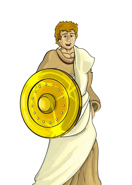 Σκηνή κινουμένων σχεδίων με ρωμαϊκό ή ελληνικό αρχαίο πολεμιστή χαρακτήρα ή μονομάχο σε λευκό φόντο - εικονογράφηση για παιδιά — Φωτογραφία Αρχείου