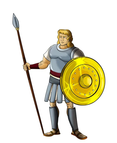 Escena de dibujos animados con romano o griego antiguo personaje guerrero o gladiador sobre fondo blanco - ilustración para niños —  Fotos de Stock
