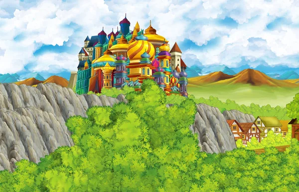 Cartoon scene with kingdom castle and mountains valley near the forest and farm village illustration for children — ストック写真