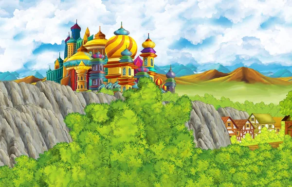 Cartoon scene with kingdom castle and mountains valley near the forest and farm village illustration for children — ストック写真