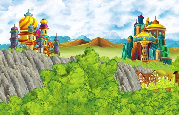 Scène de dessin animé avec château royaume et vallée de montagnes près de la forêt et illustration de village agricole pour les enfants — Photo