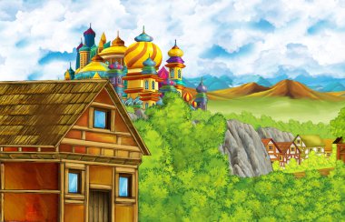 Çocuklar için orman ve çiftlik köyü yakınlarındaki krallık şatosu ve dağ vadisiyle karikatür sahnesi