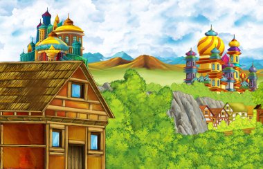 Çocuklar için orman ve çiftlik köyü yakınlarındaki krallık şatosu ve dağ vadisiyle karikatür sahnesi